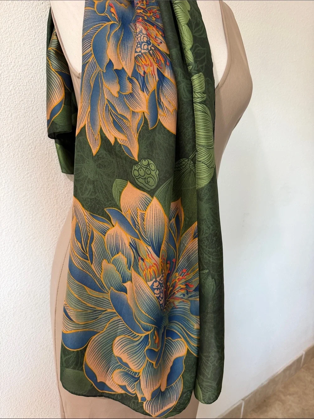 Green Floral Silk-Feel Scarf - Elegant Women’s Accessory
